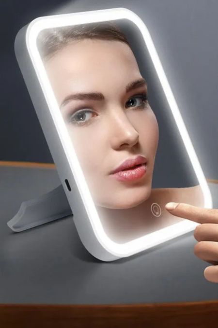 High Home mini ayna dokunmatik kontrollü, ayarlanabilir kavisli LED ışıklı taşınabilir
