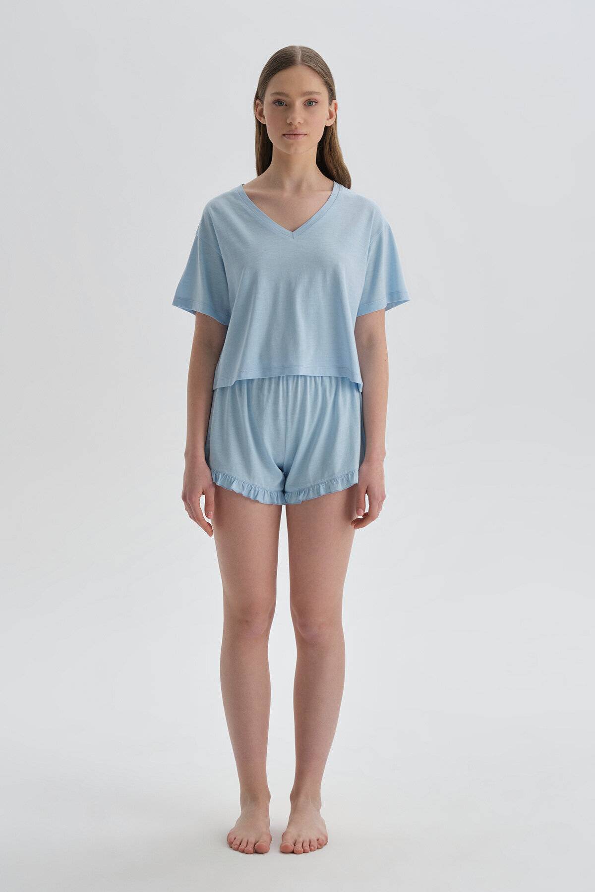 Dagi Açık Mavi V Yaka Modal Şortlu Kadın Pijama Takımı