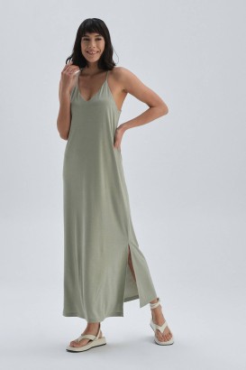 Dagi Açık Yeşil Sırt Detaylı Yırtmaçlı Askılı Kadın Elbise - Thumbnail