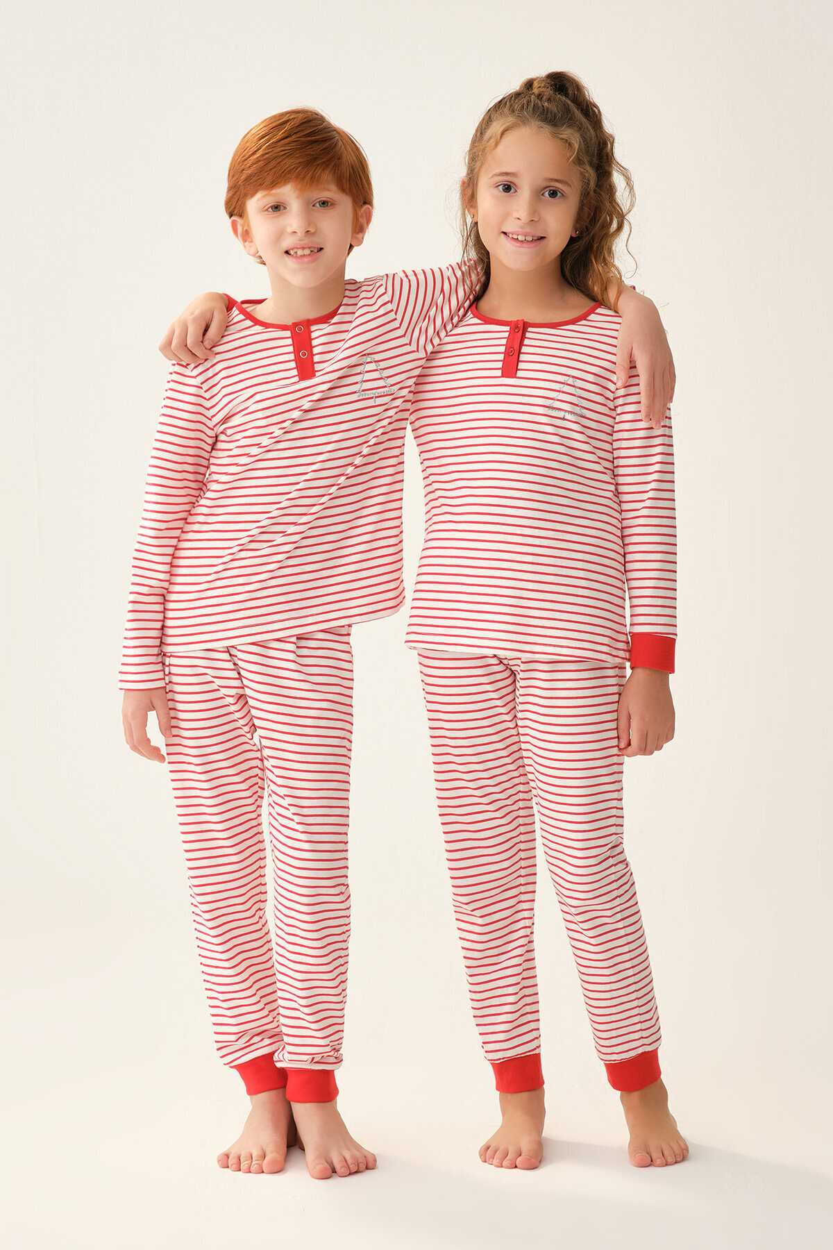 Dagi Çocuk Unisex Kırmızı Beyaz Pijama Takımı Çizgili