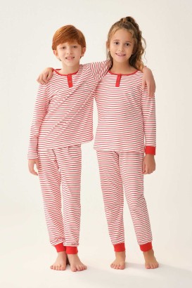 Dagi Çocuk Unisex Kırmızı Beyaz Pijama Takımı Çizgili - Thumbnail