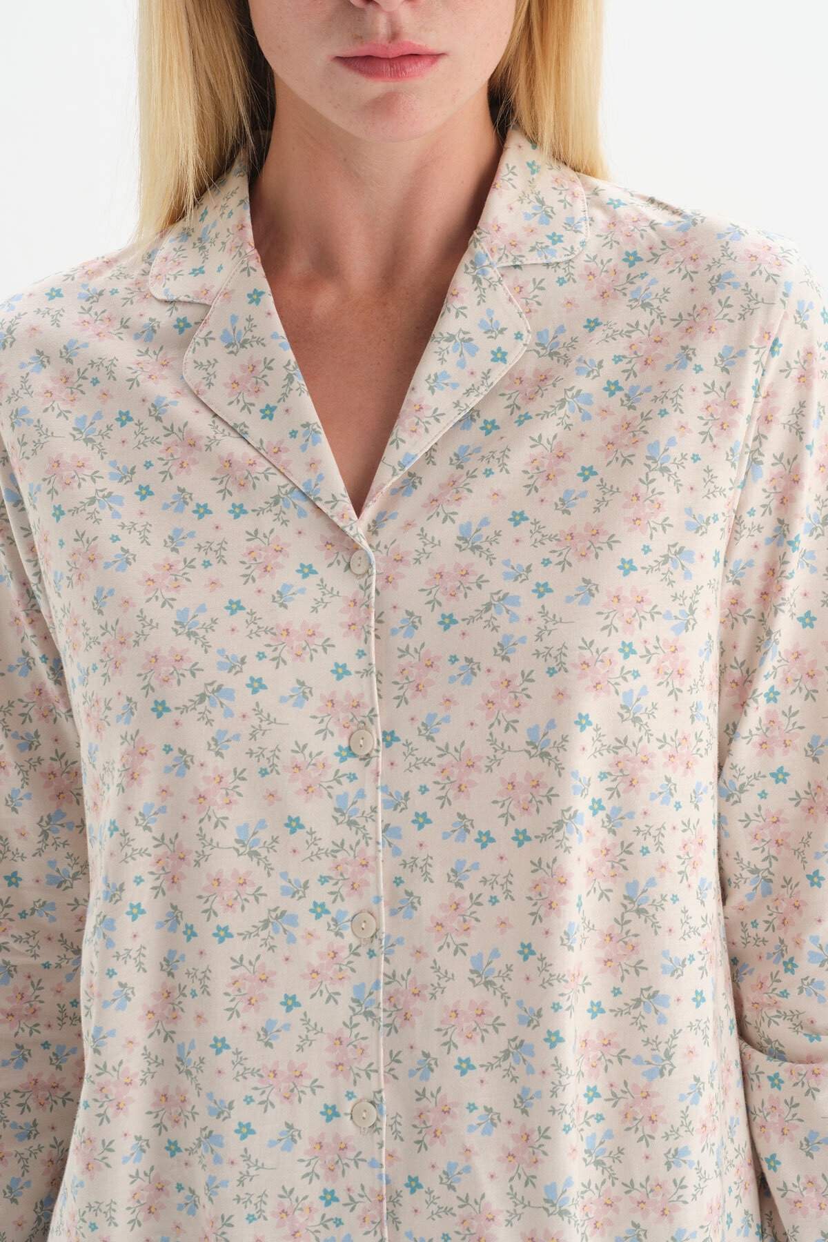 Dagi Ekru Çiçek Baskılı Uzun Kol Ceket Yaka Pamuklu Kadın Pijama Takımı