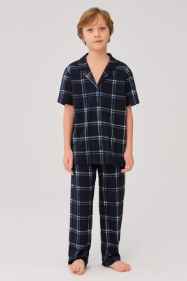 Dagi Erkek Çocuk Lacivert Pamuklu Gömlek Ekose Pijama Takımı - Thumbnail