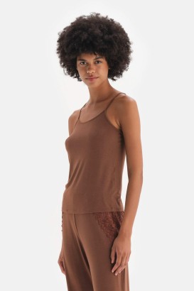Dagi Kahverengi Askılı Dantel Detaylı Modal Kadın Pijama Takımı - Thumbnail