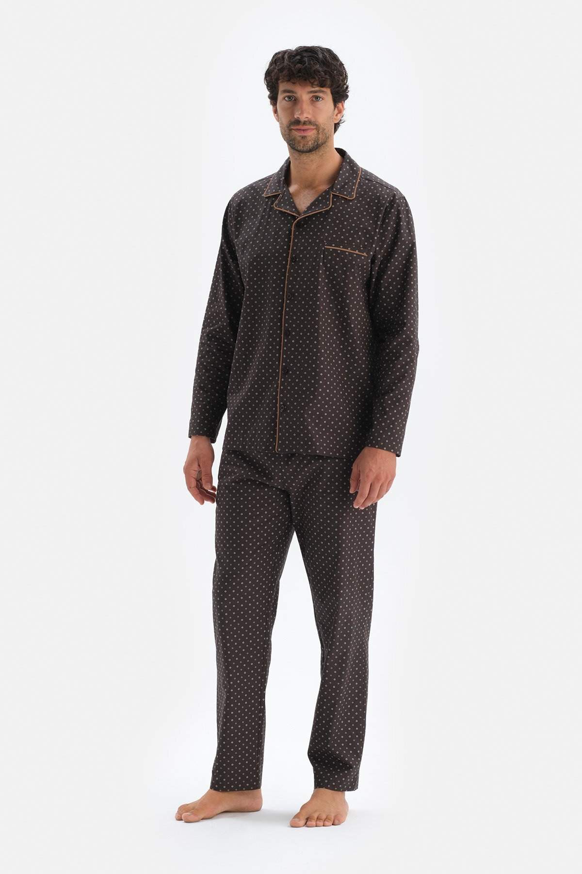 Dagi Kahverengi Uzun Kol Ceket Yaka Pamuklu Erkek Pijama Takımı