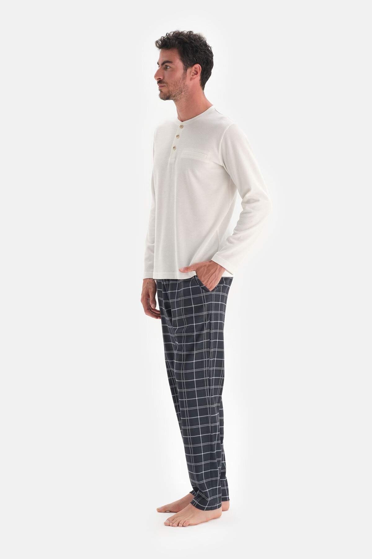 Dagi Kırık Beyaz Ekoseli Düğmeli Yaka Pamuklu Erkek Pijama Takımı