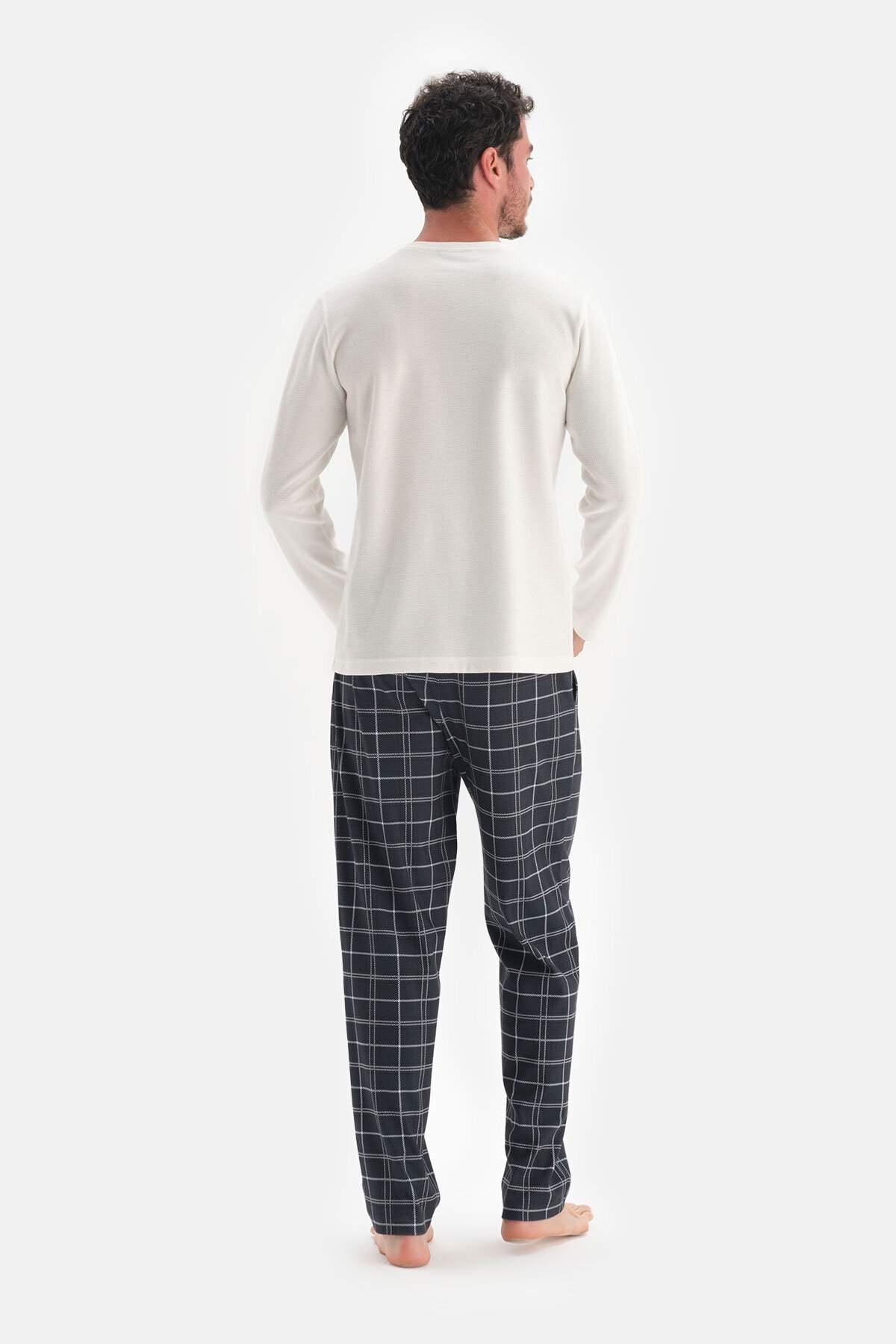 Dagi Kırık Beyaz Ekoseli Düğmeli Yaka Pamuklu Erkek Pijama Takımı