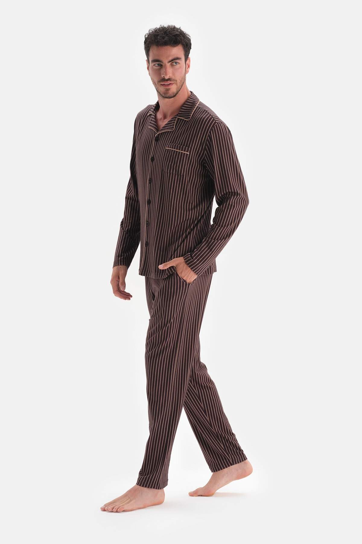 Dagi Koyu Kahve Çizgili Gömlek Yaka Modal Erkek Pijama Takımı