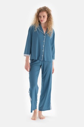Dagi Koyu Mavi Uzun Kol Ceket Yaka Saten Kadın Pijama Takımı - Thumbnail