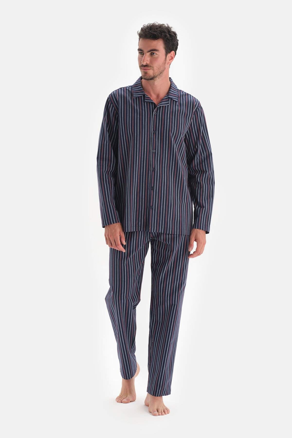 Dagi Lacivert Çizgili Gömlek Yaka Pamuklu Erkek Pijama Takımı