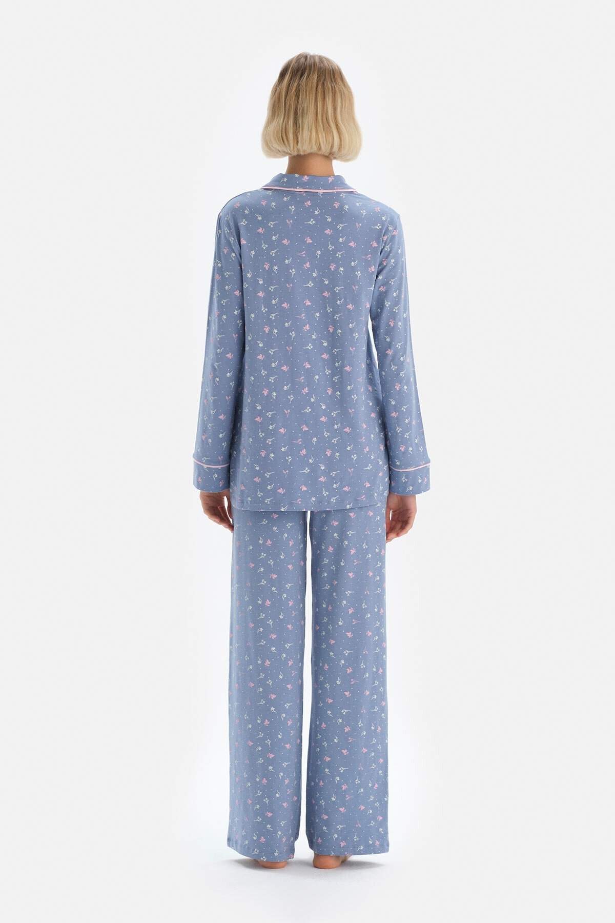 Dagi Mavi Çiçek Desenli Ceket Yaka Modal Hamile Kadın Pijama Takımı