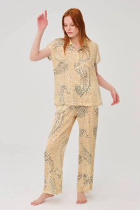 Dagi Sarı Saten Şal Desen Gömlek desenli Kadın Kısa Kol Pijama Takımı - Thumbnail