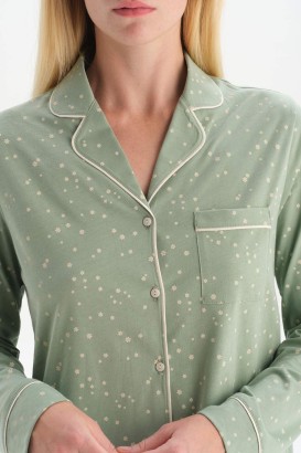 Dagi Yeşil Çiçek Baskılı Uzun Kol Ceket Yaka Pamuklu Kadın Pijama Takımı - Thumbnail