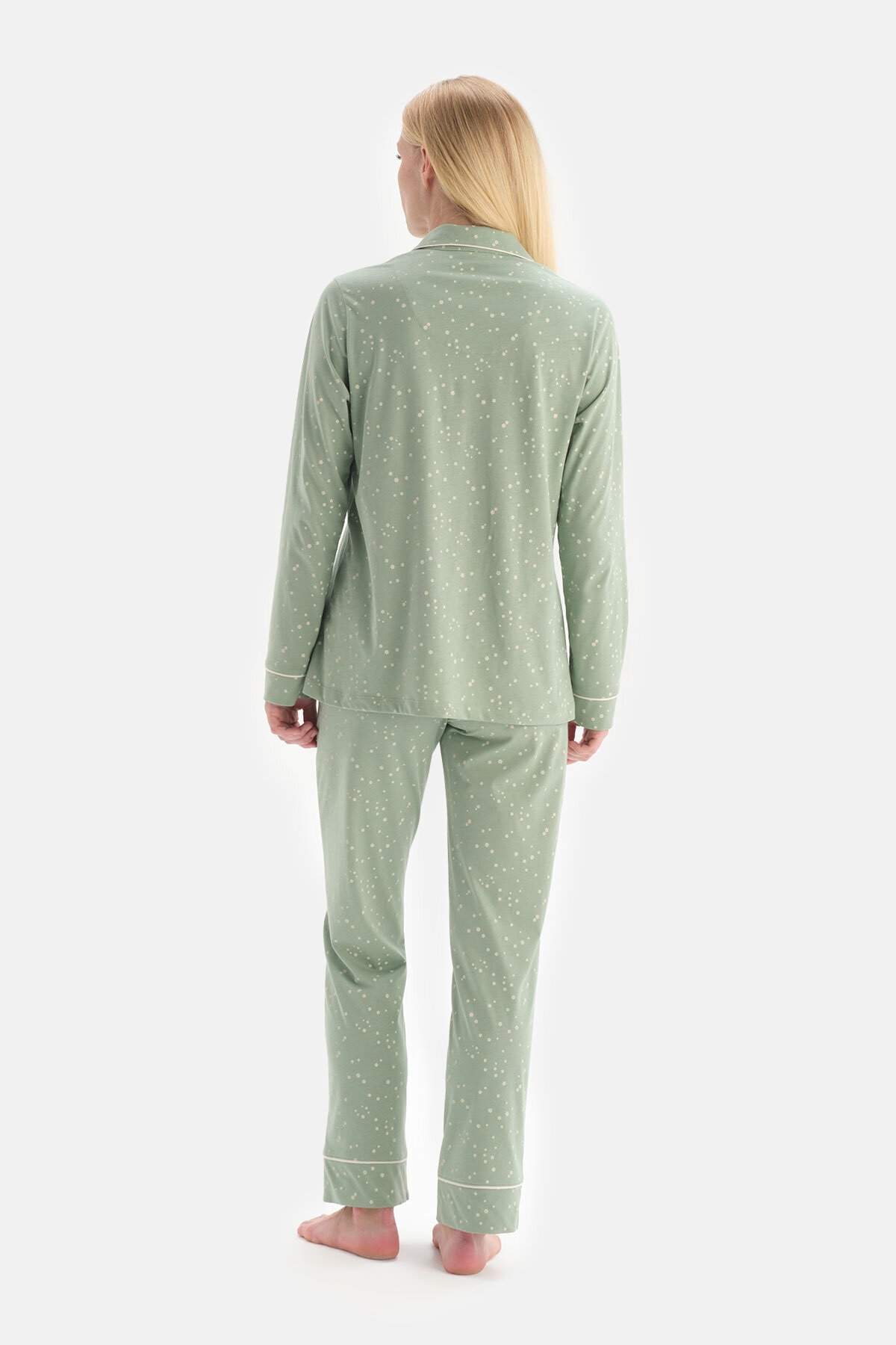 Dagi Yeşil Çiçek Baskılı Uzun Kol Ceket Yaka Pamuklu Kadın Pijama Takımı