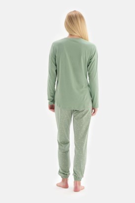 Dagi Yeşil Çiçek Desenli Uzun Kol Pamuklu Kadın Pijama Takımı - Thumbnail