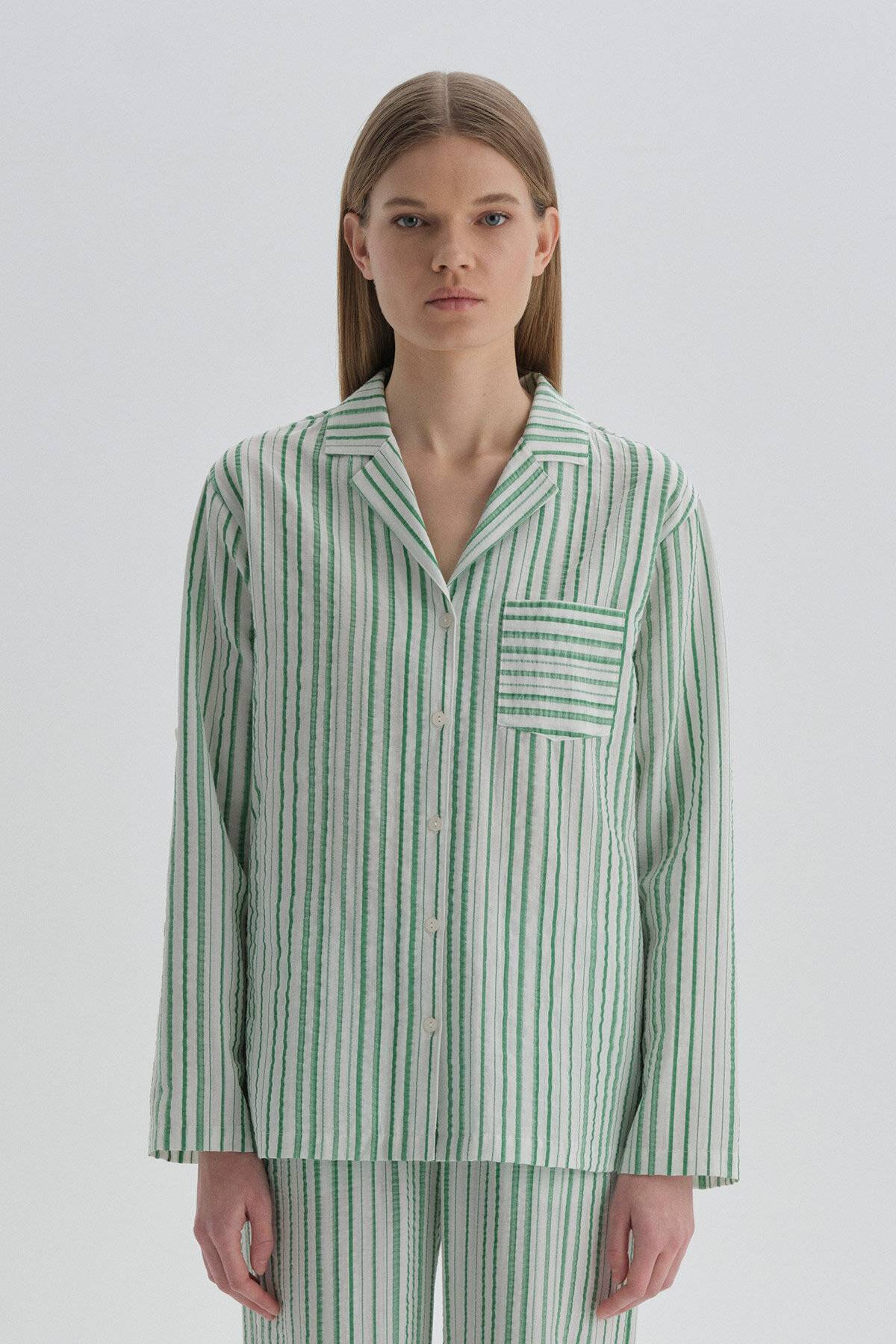 Dagi Yeşil Çizgili Uzun Kol Gömlek Yaka Pamuklu Kadın Pijama Üstü