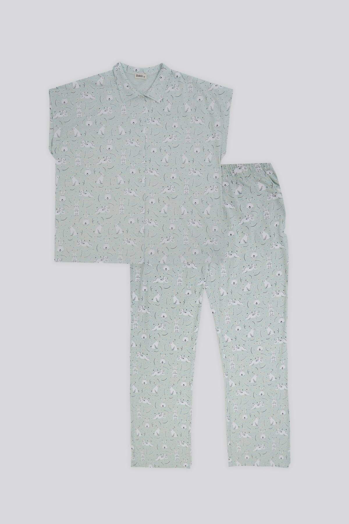 Dagi Yeşil Melanj Tavşan Baskılı Modal Empirme Kumaş Gömlek Kadın Kısa Kol Pijama Takımı
