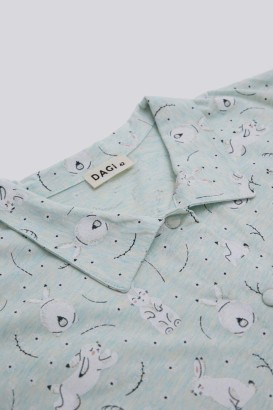 Dagi Yeşil Melanj Tavşan Baskılı Modal Empirme Kumaş Gömlek Kadın Kısa Kol Pijama Takımı - Thumbnail
