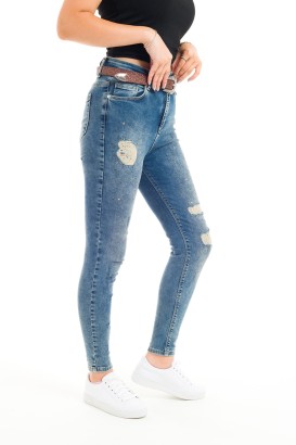 Desperado 331 Sim Kemerli Yırtık Desenli Pul Detaylı Tırnaklı Model Kadın Kot Pantolon - Thumbnail