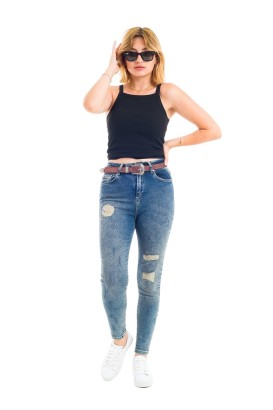 Desperado 331 Sim Kemerli Yırtık Desenli Pul Detaylı Tırnaklı Model Kadın Kot Pantolon - Thumbnail