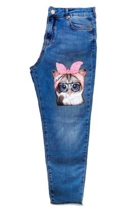 Desperado 504 Gözlüklü Kedi Baskılı Kadın Kot Pantolon - Thumbnail