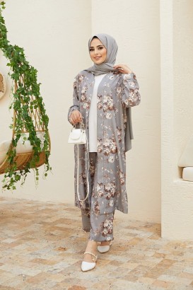 Ebrulimm 763 Çiçek Desenli Kadın Kimono Takım - Thumbnail