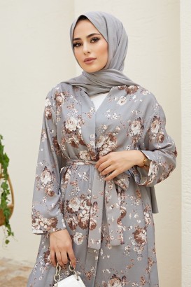Ebrulimm 763 Çiçek Desenli Kadın Kimono Takım - Thumbnail