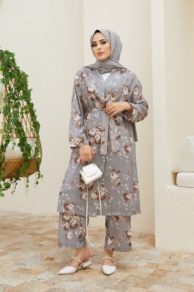 Ebrulimm 763 Çiçek Desenli Kadın Kimono Takım - Thumbnail