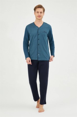 Eros Lacivert Ese29120 Önü Desenli Gömlek Uzun Kol Erkek Pijama Takımı - Thumbnail