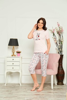 Gürünlü Lucky Me Kısa Kol Kapri Kadın Pijama - Thumbnail