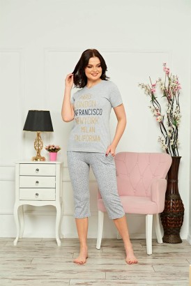 Gürünlü Şehirler Yazılı Kısa Kol Kapri Kadın Pijama - Thumbnail