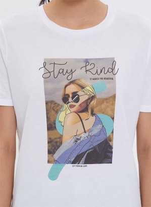 Loft LF2026216WHT Stay Kind Kadın Baskılı Kadın Tişört - Thumbnail