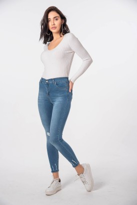 Modalisa Açık Mavi Dar Kesim Yırtık Model Kadın Kot Pantolon - Thumbnail