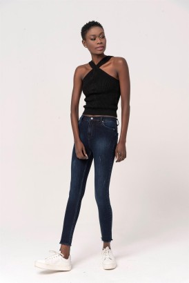 Modalisa Lacivert Dar Kesim Paça Püsküllü Hafif Tırnak Model Kadın Kot Pantolon - Thumbnail