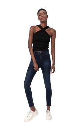 Modalisa Lacivert Dar Kesim Paça Püsküllü Hafif Tırnak Model Kadın Kot Pantolon - Thumbnail