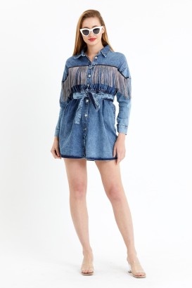 Oops 21-660 Püsküllü Denim Kadın Elbise - Thumbnail
