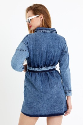 Oops 21-660 Püsküllü Denim Kadın Elbise - Thumbnail