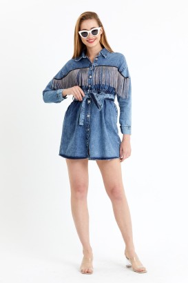 Oops 21-660 Püsküllü Denim Kadın Elbise - Thumbnail