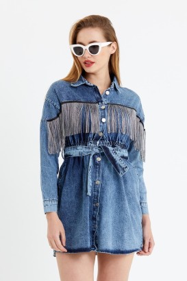 Oops 21-660 Püsküllü Denim Kadın Elbise - Thumbnail
