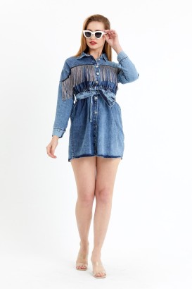 Oops 21-660 Püsküllü Denim Kadın Elbise - Thumbnail