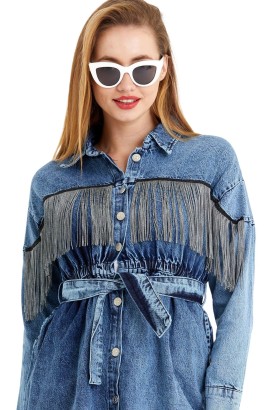 Oops 21-660 Püsküllü Denim Kadın Elbise - Thumbnail