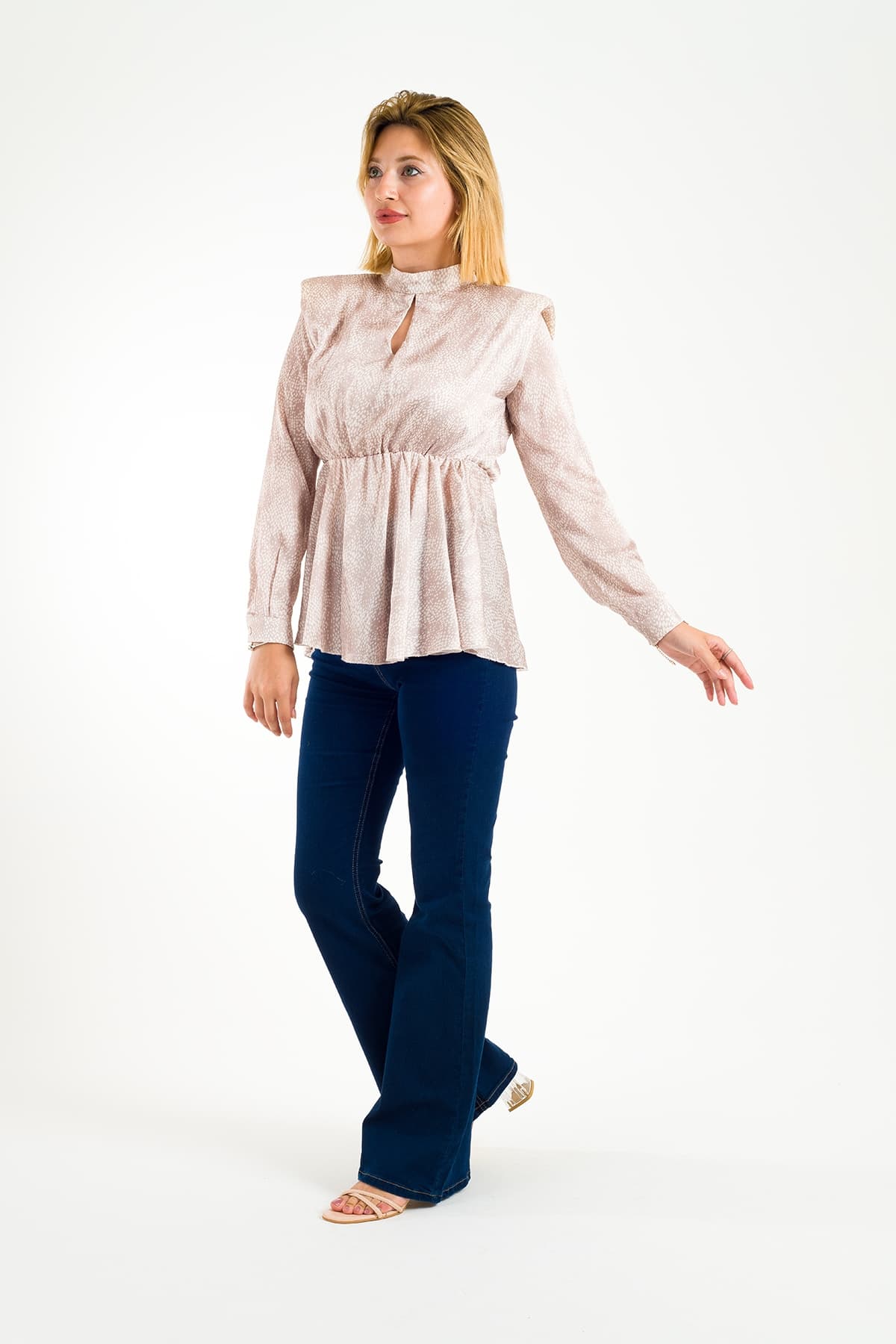 Sateen 525-1042 Damla Yakalı Vatkalı Desenli Kadın Bluz
