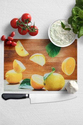 Teomi Collection Kithcen Mutfak Cam Kesim Tablası 2 Adet Sarı Limon Desenli - Thumbnail