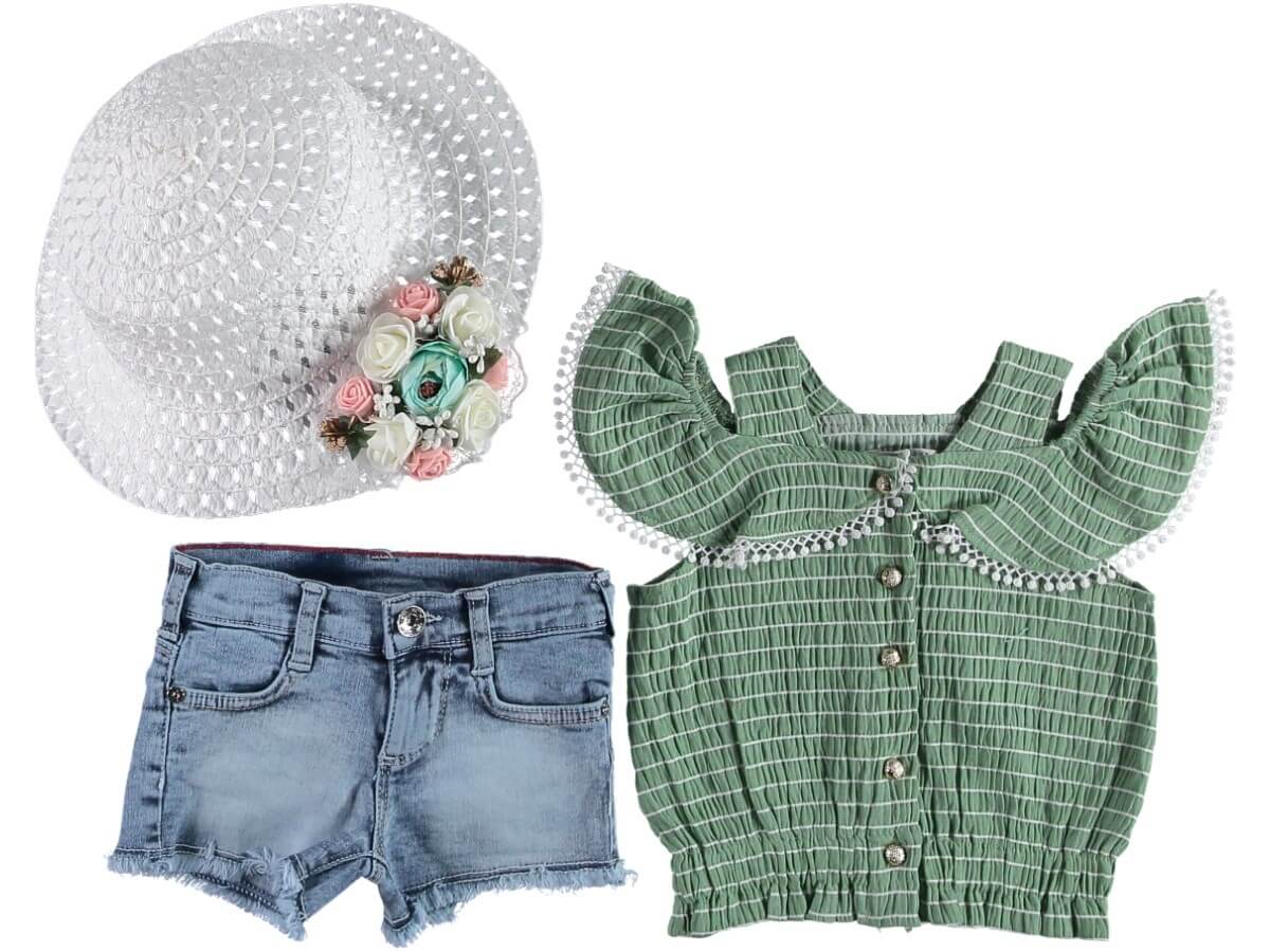 Teomi Colletion Çizgili Gömlekli Şortlu Şapkalı Kız Bebek Takım
