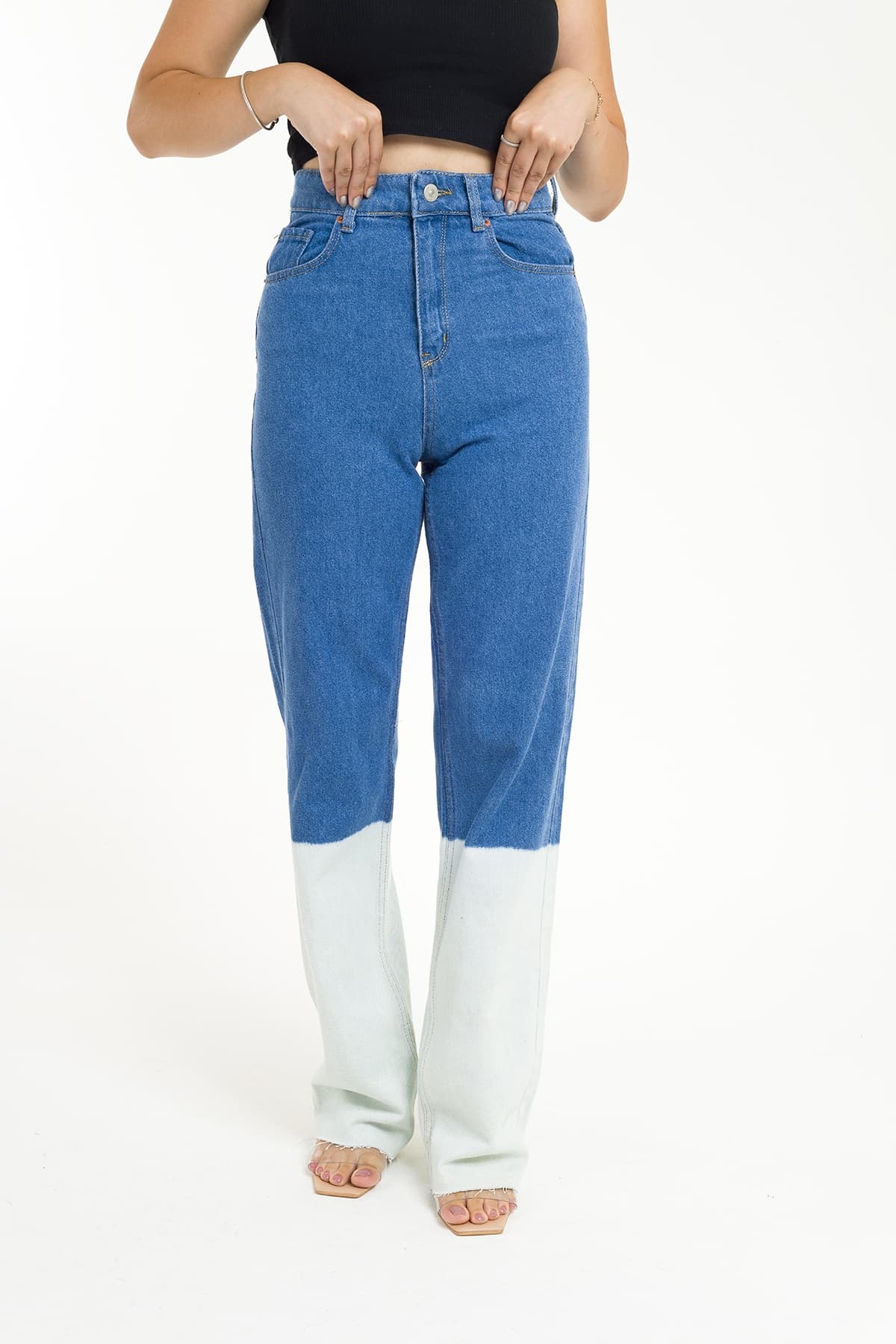 ZDN 9136 Çift Renkli Geniş Paça Kadın Kot Pantolon