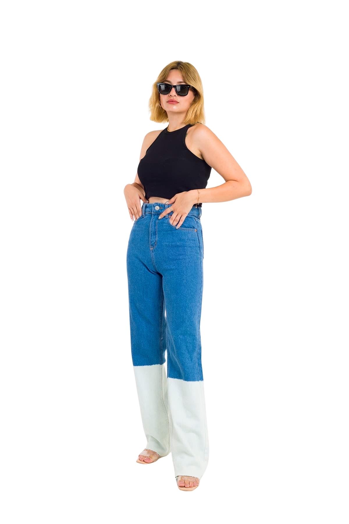 ZDN 9136 Çift Renkli Geniş Paça Kadın Kot Pantolon