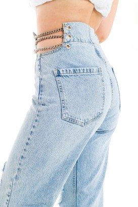 ZDN 9207 Zincir Detaylı Dizi Yırtık Model Kadın Kot Pantolon - Thumbnail
