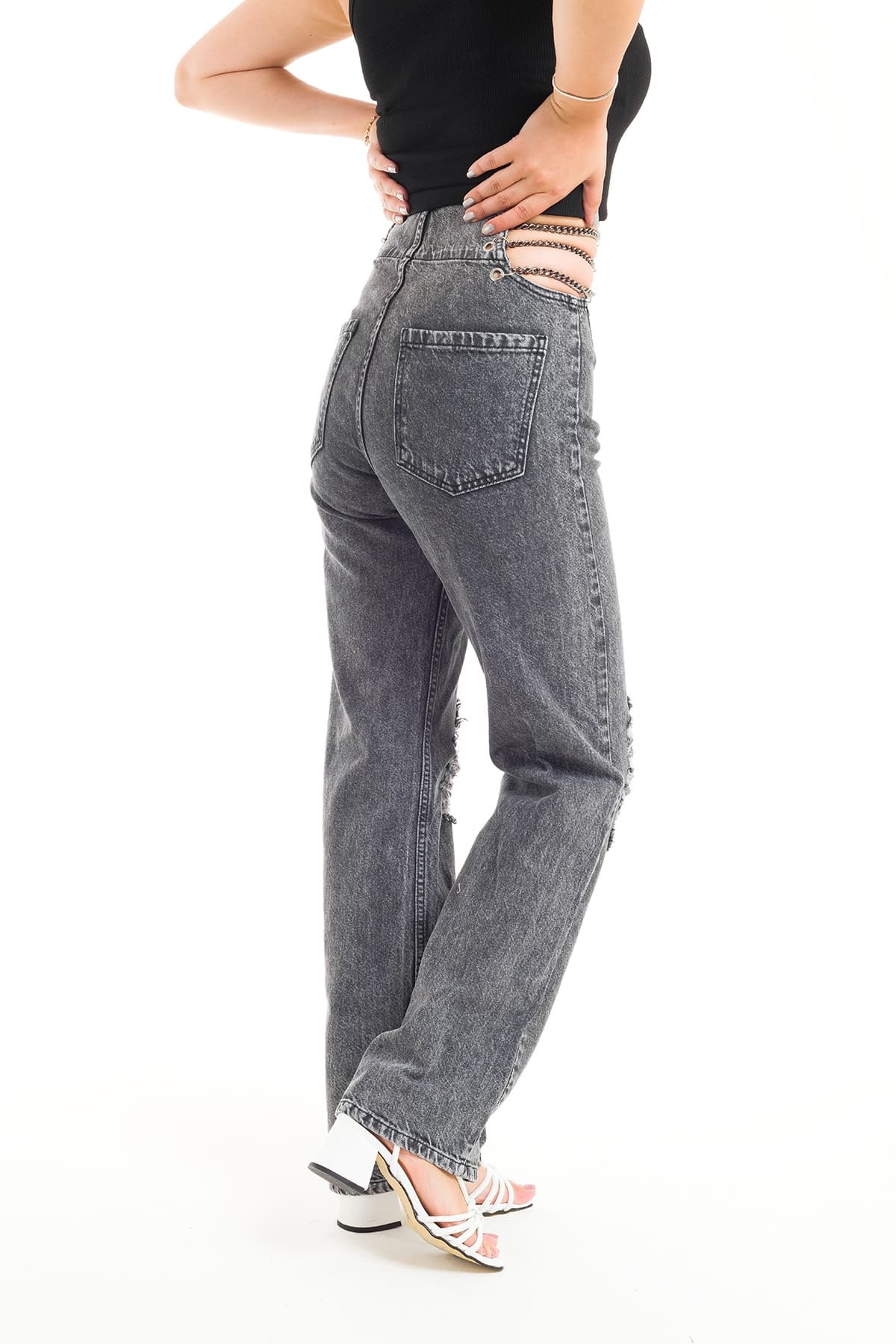 ZDN 9208 Zincir Detaylı Dizi Yırtık Model Kadın Kot Pantolon