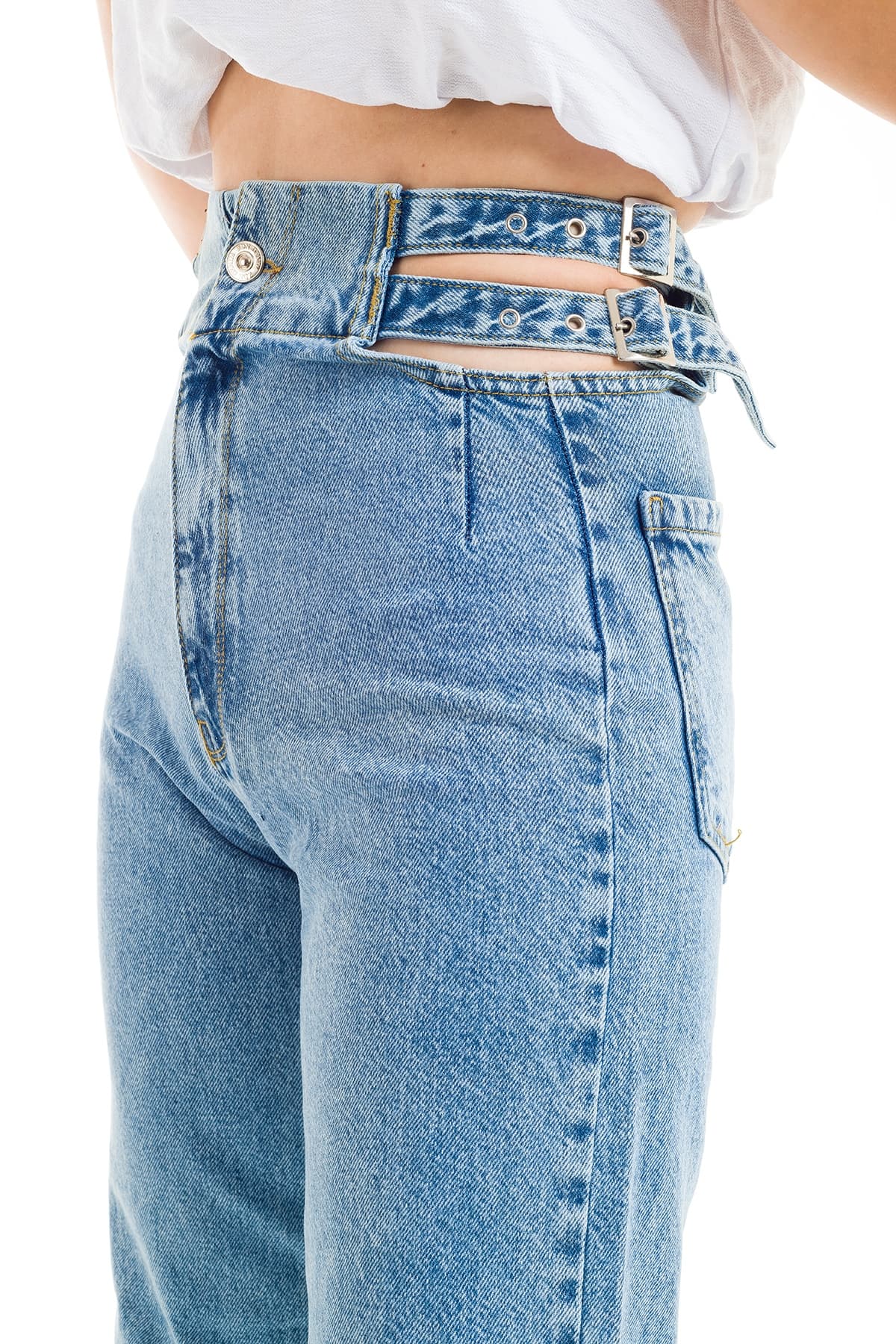 ZDN 9209 Yandan Kemer Detaylı Dekolteli Yüksek Bel Kadın Kot Pantolon