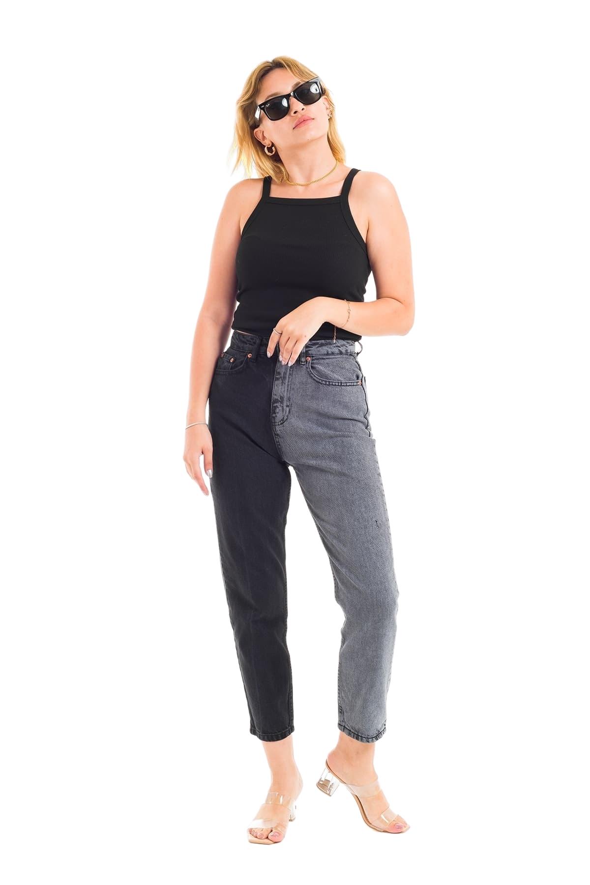 ZDN 9218 Çift Renkli Mom Jeans Kadın Kot Pantolon